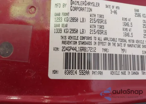 2006 Dodge Grand Caravan Sxt из США, поврежденный, VIN 2D4GP44L16R817212